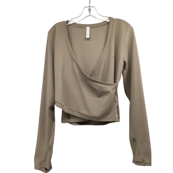 Athleta Encore Taupe Wrap Ballet V-Neck Yoga Top Shirt Large Stretch - Picture 1 of 6